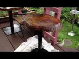 How To Refinish A Wood Slab Or Burl Table Top Wood Slab Burled Wood Burled Wood Furniture
