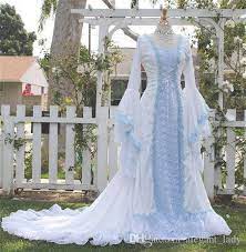 On the off chance that you have hips that are either too full or too little, you might need to attract eyes to your chest and arms. Discount Narnia Style Victoria Velvet And Lace Fantasy Medieval Fairy Wedding Gown Custom 2018 Light Blue Lace Up Bell Long Sleeve Wedding Dresses Wedding Gowns Fairy Wedding Dress Gowns Medieval Wedding