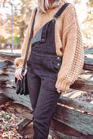 Black Overalls And Tan Sweater Outfit Black Overalls Black Overalls Outfit Overalls Outfit