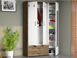Homemania Vestiaire Meuble D Entree Deniz Armoire Avec Etageres A Chaussures Miroir Portes Tiroirs Noyer Blan Meuble Entree Etagere Chaussures Tiroir