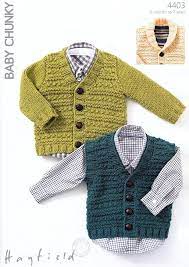 We have a few knitting patterns that use chunky baby yarn. Waistcoat And Cardigans In Sirdar Hayfield Baby Chunky 4403 Deramores Knitting Patterns Boys Baby Boy Knitting Baby Boy Knitting Patterns