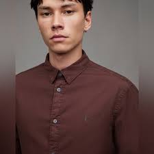 AllSaints Maroon Cotton Long Sleeve Button-Up Shirt