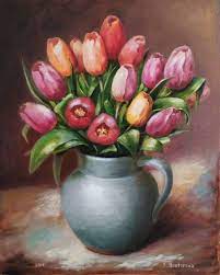 11.7 x 16.5'', 29.7 x 42 cm, the signature is on the back. Flowers Painting Tulips In Grey Vase Wall Decor Still Life Etsy Tulip Painting Flowers In Vase Painting Flower Painting