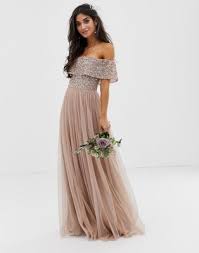 Maya Petite Bridesmaid Bardot Maxi Tulle Dress With Tonal Delicate Sequins In Taupe Blu Taupe Bridesmaid Dresses Blush Bridesmaid Dresses Asos Bridesmaid Dress