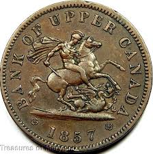 St George The Dragon Slayer 1857 Bank Of Upper Canada One Penny Sku Qp30 Canadian Coins Saint George And The Dragon Dragon Slayer