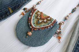 Boho Denim Purse Necklacebeaded Amulet Bag Necklacetextile Medicine Bag Necklace Beaded Pouch Boho Jewellery Necklaces