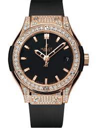 hublot classic fusion black dial 18 carat rose gold and diamonds caseblack rubber strap ladies quartz watch 581 ox 1180 rx 1704 hublot classic hublot classic fusion gold watch