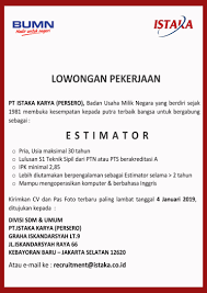 Lowoang kerja bulan 2020 yang terbaru ini.wow menarik nya banyak banget posisi yang di butukan. Lowongan Kerja Lowongan Kerja Bumn Terbaru Pt Istaka Karya Persero 2019