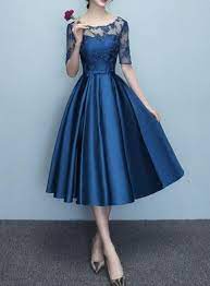 Blue Short Sleeves Tea Length Formal Dress Blue Bridesmaid Dresses Wedding Party Dresses Tea Length Formal Dresses Blue Dress Formal Trendy Dresses