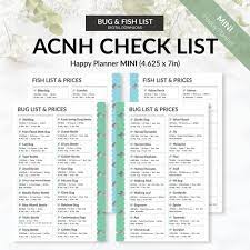 Mini Animal Crossing New Horizons Bug List Acnh Planner Refill Mini Printable Pages Mini Printable Sheets Digital Download Animal Crossing Fish List Animal Crossing Fish