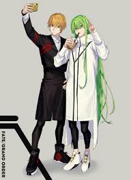 Fans can now download the game from the ios and google play stores. Wallpaper Fate Series Fate Grand Order Anime Boys Fan Art 2d Digital Art Simple Background Taking Selfie Long Hair Short Hair Black Stockings Blond Hair Green Hair Red Eyes Green Eyes