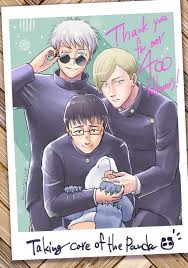 gojou satoru, ijichi kiyotaka, nanami kento, panda (jujutsu kaisen), jujutsu  kaisen, silver hair, highres, 4boys, adjusting eyewear, aged down, animal,  black hair, blonde hair, blue eyes, character name, gakuran, glasses, green  eyes,