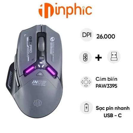 Chuột không dây Gaming Inphic IN9 Pro PixArt PAW3395 (Xám)