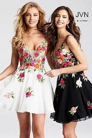 Fit And Flare Multi Color Floral Embroidered Short Dress Jvn54513 Idobridalformal Mobile Homecoming Dresses Short Short Dresses Beautiful Prom Dresses