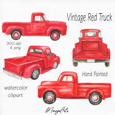 Red Truck Clipart Vintage Retro Watercolor Red Trucks Hand Painted Clip Art Farm Classic Pick Up Truck Farmer S Picku Red Truck Watercolor Red Truck Crafts