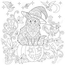 Trick or treats with cat the witch. Halloween Coloring Page Cat In A Hat Halloween Pumpkin Flying Bats Spider Web Hanging Lantern Moon And Stars Freehand Sketch Drawing For Adult Antistress Coloring Book Royalty Free Cliparts Vectors And Stock