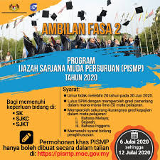 Kementerian pendidikan malaysia (kpm) memaklumkan bahawa permohonan biasiswa ismp tahun 2021 akan dibuka bermula 1 mac 2021. Program Ijazah Sarjana Muda Perguruan Pismp Fasa 2 Tahun 2020 Appkerja Malaysia