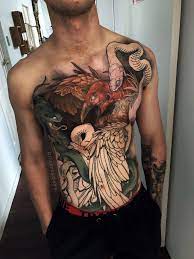 In Progress Neo Japanese Oriental Vulture And Snake Full Front Piece Tattoo Done By Akos Tattoo Tattoos Pieces Tattoo Colored Tattoo