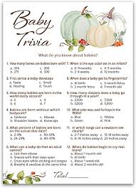 Jul 13, 2021 · the baby trivia questions below cover many topics which will definitely make it into a fun baby shower game. Amazon Com White Pumpkins Baby Shower Game Juego De Baby Trivia Juego De Baby Shower Fall Para 25 Invitados Rustico Genero Juego De Baby Shower Neutral Little Pumpkin Baby Otono Fall