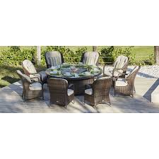 Round outdoor dining table with fire pit. Must Have Round Brown 8 Seat Gas Fire Pit Outdoor Dining Table Rattan Wicker Patio Multi Purpose Use Bbq Grill Plate With Stainless Steel Fire Pit Cover Glass Enclosure Wind Screen And Crushed