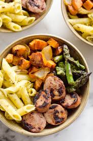 Find inspiration for sausage recipes here. Roasted Veggie Chicken Sausage Penne Bowls
