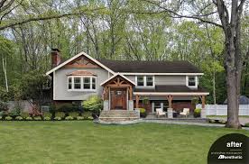 We've decided to knock down the wall that separates the living room and kitchen and leave a beam along the top with a post for support. 170 Raised Ranch Facelift Ideas House Exterior Exterior Remodel Split Level House