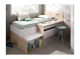 Auf der leicht schrägen leiter kann man super ins bett klettern und unter dem dach. Bett Mit Stauraum Schreibtisch Lison 90 X 190 Cm Weiss Eichenholzfarben Kaufen
