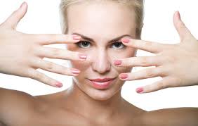 Beautiful Girl Red Hands Her Face Nail Art Stock Photos