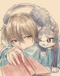 akiyakamikawa, haru (doukyonin wa hiza tokidoki atama no ue.), mikazuki  subaru, doukyonin wa hiza tokidoki atama no ue., highres, traditional  media, 1boy, artistic error, book, brown hair, cat, dated, hair between  eyes,