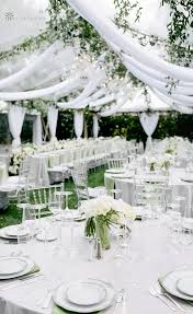 All White Outdoor Wedding With A Mix Of Elegant Tables Draping And Lightin In 2020 White Wedding Decorations White Weddings Reception Outdoor Wedding Decorations Diy