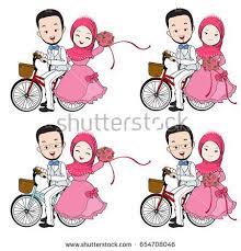 Cara membuat avatar/kartun muslimah paling mudah. Muslim Wedding Cartoon Bride And Groom Riding Bicycle With Flower Bouquet Kartun Kartun Pasangan Gambar Pengantin