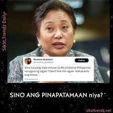 May pinapatamaan si Rowena Guanzon... Maraming fans ang napareact. Tila  obvious kasi kung sino ang kanyang tinutukoy. Ayon kay Rowena Guanzon,  "Sino ba yong male emcee sa Ms Universe Philippines na sigaw