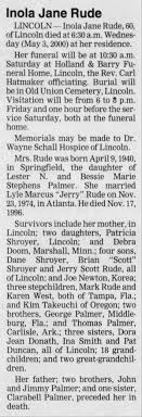 Obituary for Inola Jane Rude, 1940-2000 (Aged 60)
