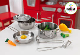 11 onderdelen in totaal twee metalen pannen een metalen pot een metalen spatel en een metalen soeplepel ove speelgoedeten keuken accessoires pastarecepten