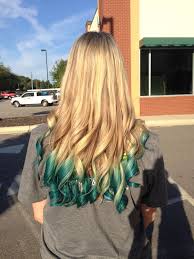 To remove blue or green dye from your hair without bleach, start by mixing 1,000 mg of vitamin c powder into a small bowl of shampoo. Blonde Hair With Teal Green Ombre Ends Blue Tips Hair Dyed Blonde Hair Green Hair Ombre