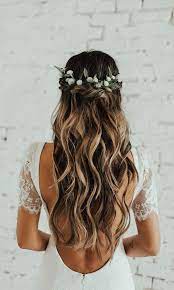 The Most Perfect Boho Bridal Hairstyle Half Up Half Down With Flowers Tousled In Simply Stunning Bride Hairstyles Wedding Hair Down Flower Crown Hairstyle