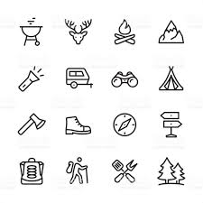 Black And White Icons 16 Line Black On White Icons Set Tourism Camping Pixel Icon Set Icon Set Vector Free Vector Art