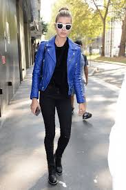 5 Perfect Fall Outfit Ideas All From Hailey Baldwin Blue Leather Jacket Blue Leather Jacket Outfit Blue Jackets Outfits