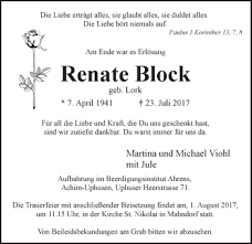 Traueranzeige Von Renate Block Traueranzeigen Trauer Spruche Trauer