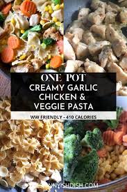 Garlic parmesan kale pasta on the bottom, garlic marinated chicken and blistered tomatoes on top. One Pot Creamy Garlic Chicken And Veggie Pasta The Skinnyish Dish