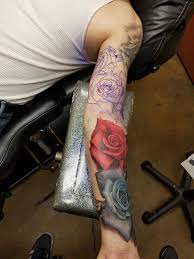 3rd Part Of My Sleeve Corndog Cecilia Galindo Roses Red Blue Color Black And Gray Real Sleeve Tattoos For Guys Color Red And Blue Sleeves Tattoos For Guys