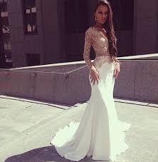 Bg1330 Charming Prom Dress White Mermaid Prom Dresses Long Sleeves See Through Floor Length Prom Party Dress Mermaid Prom Dresses Prom Dresses Long With Sleeves Prom Dresses Long Mermaid
