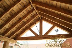 These rugged milled round rafters are a great complement to your swedish cope style wall logs. King Post Trusses And Open Vaulted Ceilings Oakmasters Timber Roof Porch Roof Design Roof Truss Design