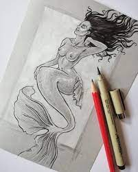 Nude Mermaid Drawing Original Mixed Media Illustration Naked - Etsy