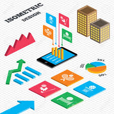 Isometric Design Graph And Pie Chart Tennis Rackets With Ball