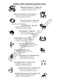 Zodiac Signs And Personality Traits Esl Worksheet By Gregswar