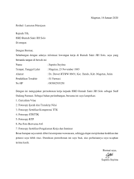 Jika diminta surat lamaran kerja dalam bentuk tulis tangan saat melamar pekerjaan di rumah sakit, contoh ini bisa menjadi rujukan anda. Surat Lamaran Kerja Rs Jih Solo
