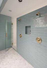 31.6 cms x 31.6 cms. Linear Blue Glass Shower Tiles Design Ideas