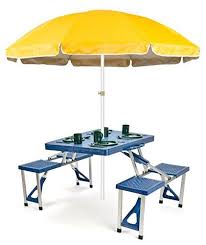 Portable Aluminum Folding Picnic Table With 4 Seats And Portable Umbrella Yellow By Trademark I Portable Picnic Table Folding Picnic Table Patio Umbrella Stand