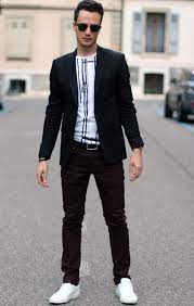 Men S Black Blazer White And Black Vertical Striped Crew Neck T Shirt Burgundy Skinny Jeans White Low Top Sneakers Black Blazer Men White Jeans Men Mens Outfits